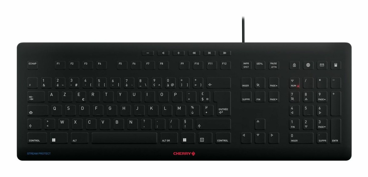 Black Cherry STREAM PROTECT keyboard features a sleek design with a full layout, including function keys and a durable, spill-resistant surface.
