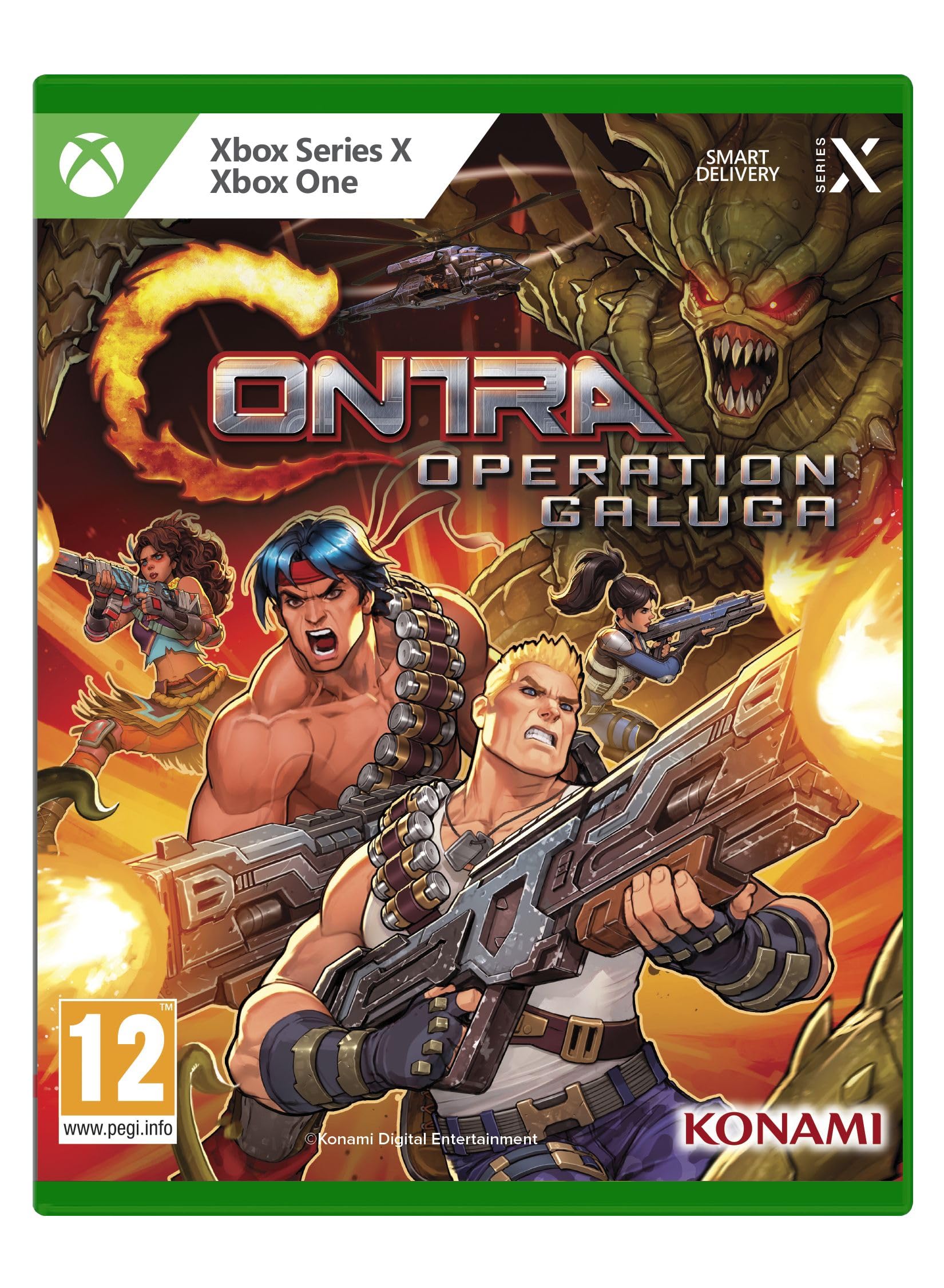 Brightly colored game cover featuring "Contra: Operation Galuga" with action-packed artwork, showcasing muscular characters wielding guns against a monstrous backdrop.