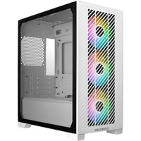 White Cooler Master Elite 301 Mini Tower with mesh front panel, RGB fans, and tempered glass side panel.