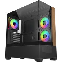 Black Cooler Master Elite 690 Wood Midi Tower with tempered glass side panel and dual RGB fans.