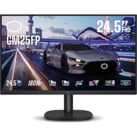 Black Cooler Master GM25FP 24.5" gaming monitor with slim bezel, displaying a racing car on a futuristic track.