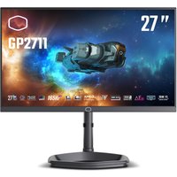 27" Cooler Master GP2711 monitor, slim black bezel, vivid space-themed display, sturdy circular stand.