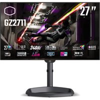 Black Cooler Master 27" OLED monitor with 2560x1440 resolution, sleek stand, and vibrant gaming graphics on screen.