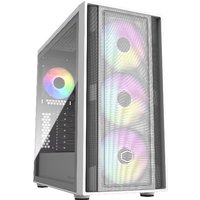 White Cooler Master MasterBox 600 PC case with mesh front, RGB fans, and tempered glass side panel.