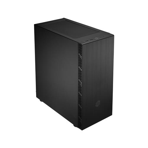 Black MIDI tower case with a brushed metal finish, featuring a mesh front panel for airflow, top I/O ports, and a compact design suitable for various builds.