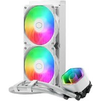 White Cooler Master liquid CPU cooler with dual RGB fans and hexagonal pump design.