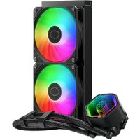 Black Cooler Master liquid cooler with dual RGB fans and braided tubing.