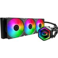 Black Cooler Master liquid cooling kit with three RGB fans and hexagonal pump design.