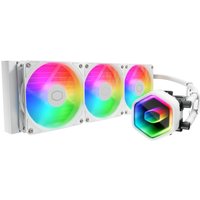White Cooler Master liquid cooler with three RGB fans and hexagonal pump design.