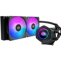 Black Cooler Master liquid cooling kit with dual RGB fans and compact pump unit.