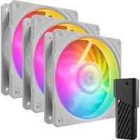 White Cooler Master Mobius 120P ARGB fans, rainbow lighting, square frames, 3-pack with black controller.