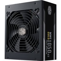 Black Cooler Master 1050W power supply with large cooling fan and modular cables, featuring gold accents and branding.