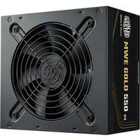 Black Cooler Master MWE Gold V3 550W power supply unit with large cooling fan and gold branding on the side panel.