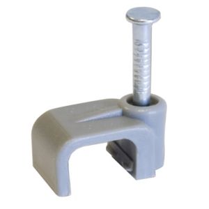Grey plastic cable clip designed for 2.5mm cables, featuring a metal nail for secure attachment, sold in a pack of 20.