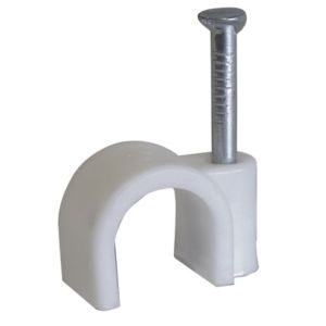 White plastic round cable clip with a 7mm opening, featuring a metal nail for secure installation, packaged as a set of 20 by CORElectric.
