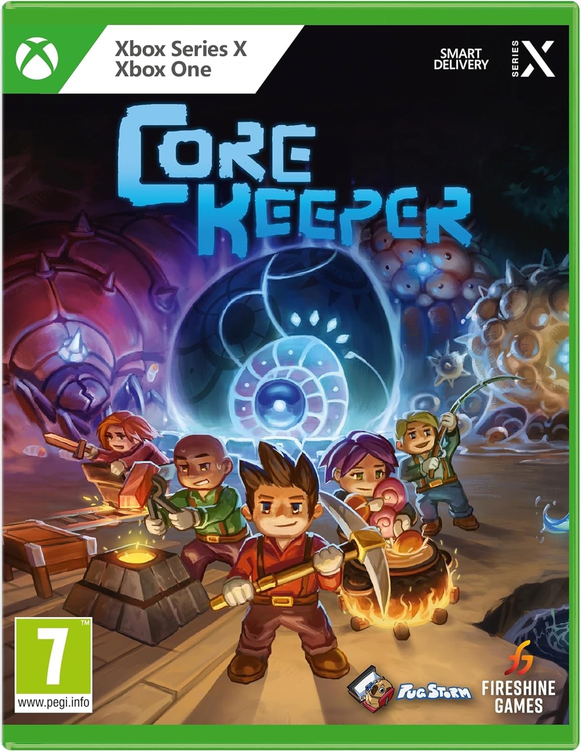 Core Keeper for Xbox Series X features vibrant artwork with a colorful fantasy scene, showcasing characters mining and crafting in a cave, with glowing elements and detailed backgrounds.