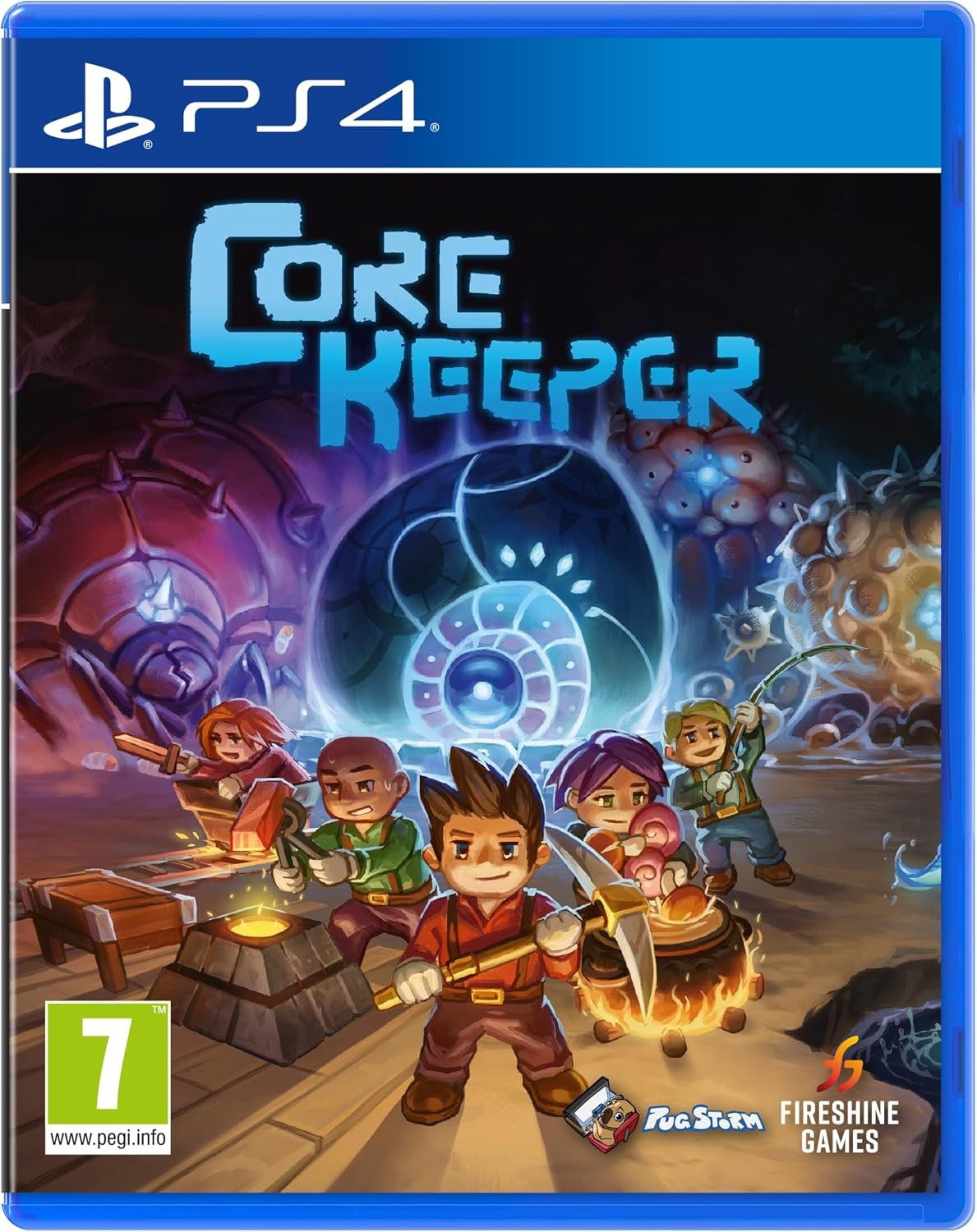 Core Keeper for PlayStation 4 features vibrant artwork with a colorful fantasy landscape, showcasing four characters exploring a cave with glowing elements and mining tools.