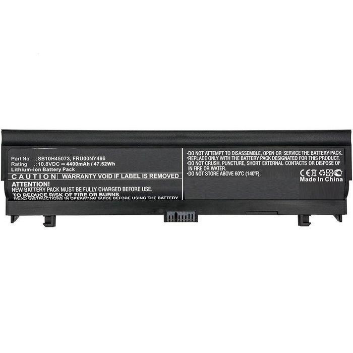 Black lithium-ion laptop battery with a caution label, featuring part number 00NY488-CP, 10.8V voltage, 4400mAh capacity, and a warning about battery handling.