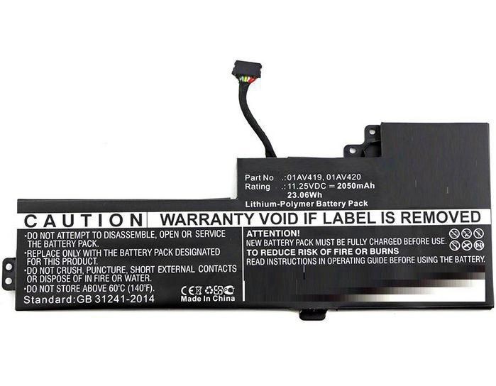 CoreParts 01AV421-CP laptop battery, featuring a black rectangular casing, labeled with safety warnings and specifications, including a connector cable at one end.