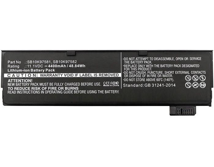 Black lithium-ion laptop battery with a 4400mAh capacity, featuring caution labels and specifications, including part number SB1K97581 and a voltage rating of 11.1V.