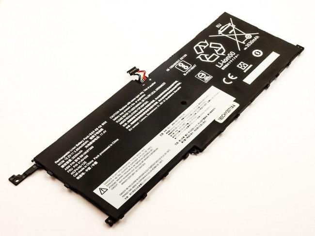 Black laptop battery with a sleek design, featuring multiple labels, connectors, and a recycling symbol, designed as a spare part for compatibility with specific laptop models.