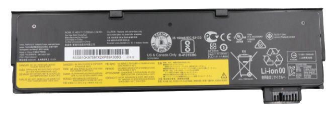 Black lithium-ion laptop battery with a yellow label, featuring various technical specifications and safety symbols, designed for CoreParts models.
