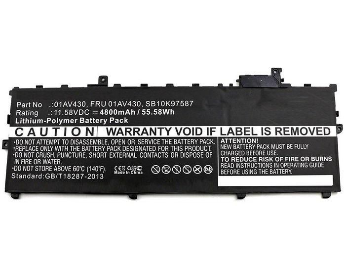 Black lithium-polymer battery pack with part number 01AV430, specifications including 11.58V, 4800mAh, and 55.58Wh, featuring caution and warranty information printed in white.