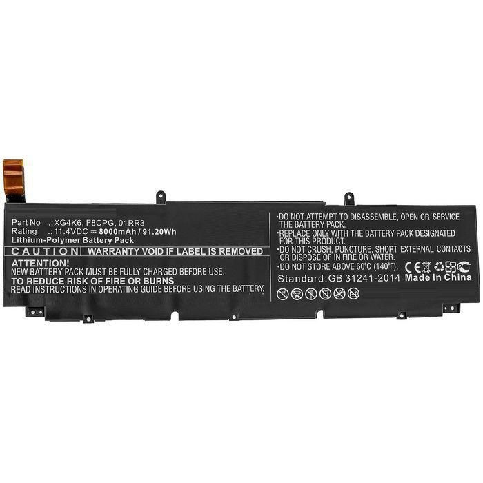 Black lithium-ion laptop battery with a capacity of 8000mAh, featuring a caution label and specifications printed in white, designed for CoreParts laptops.