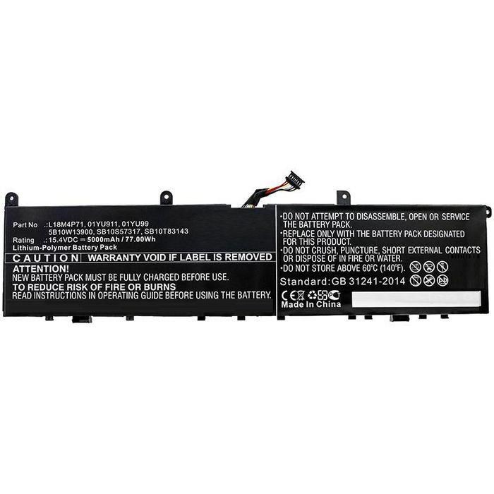 Black lithium-ion laptop battery with a label detailing specifications, part number 01YU911-CP, and cautionary notes about warranty and safety, featuring a connector wire.