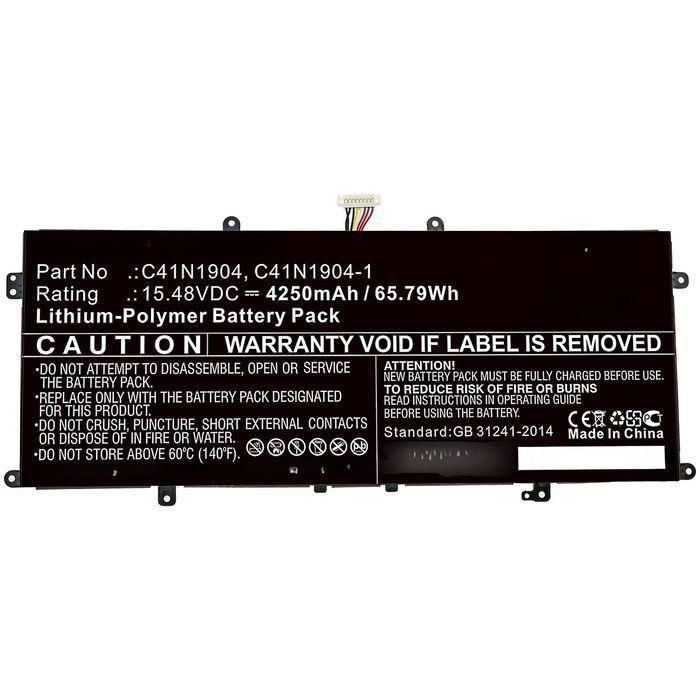 Black lithium-polymer battery pack with white text detailing specifications, caution labels, and a connector at one end; designed for laptop use, featuring a part number and capacity information.