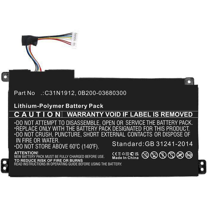 Black lithium-polymer battery pack with white and colored wires, featuring caution labels and specifications, designed for laptop spare part replacement.