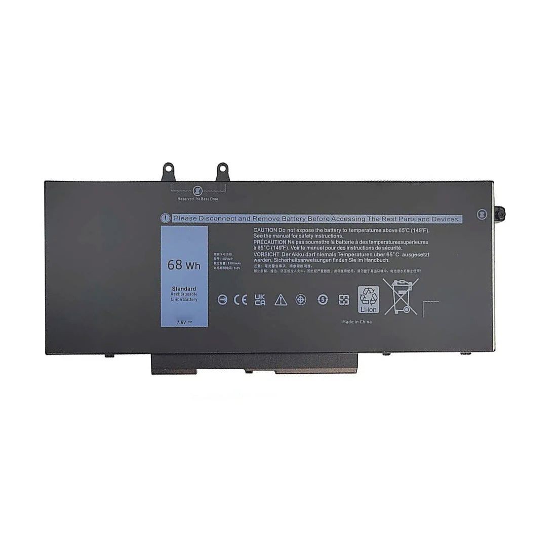 Black rectangular laptop battery with a label showing specifications, including 68 Wh capacity, safety warnings, and certification symbols.