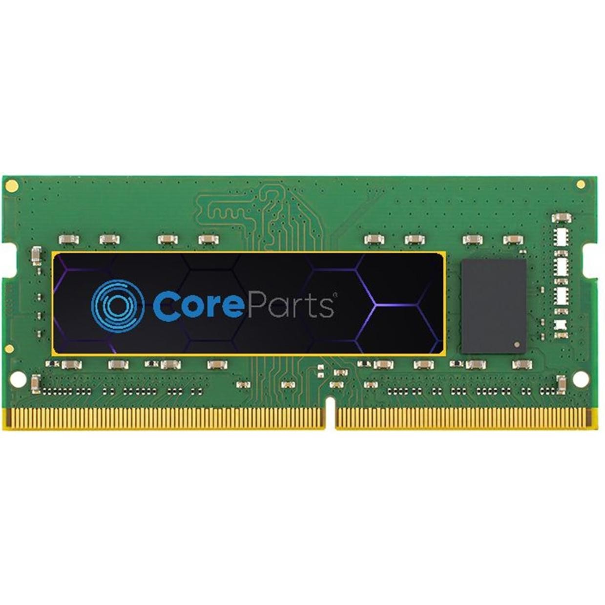 Green circuit board with a black and purple CoreParts logo, featuring gold connectors and a sleek design, identified as a 16G Memory Module with a speed of 5600MHz.