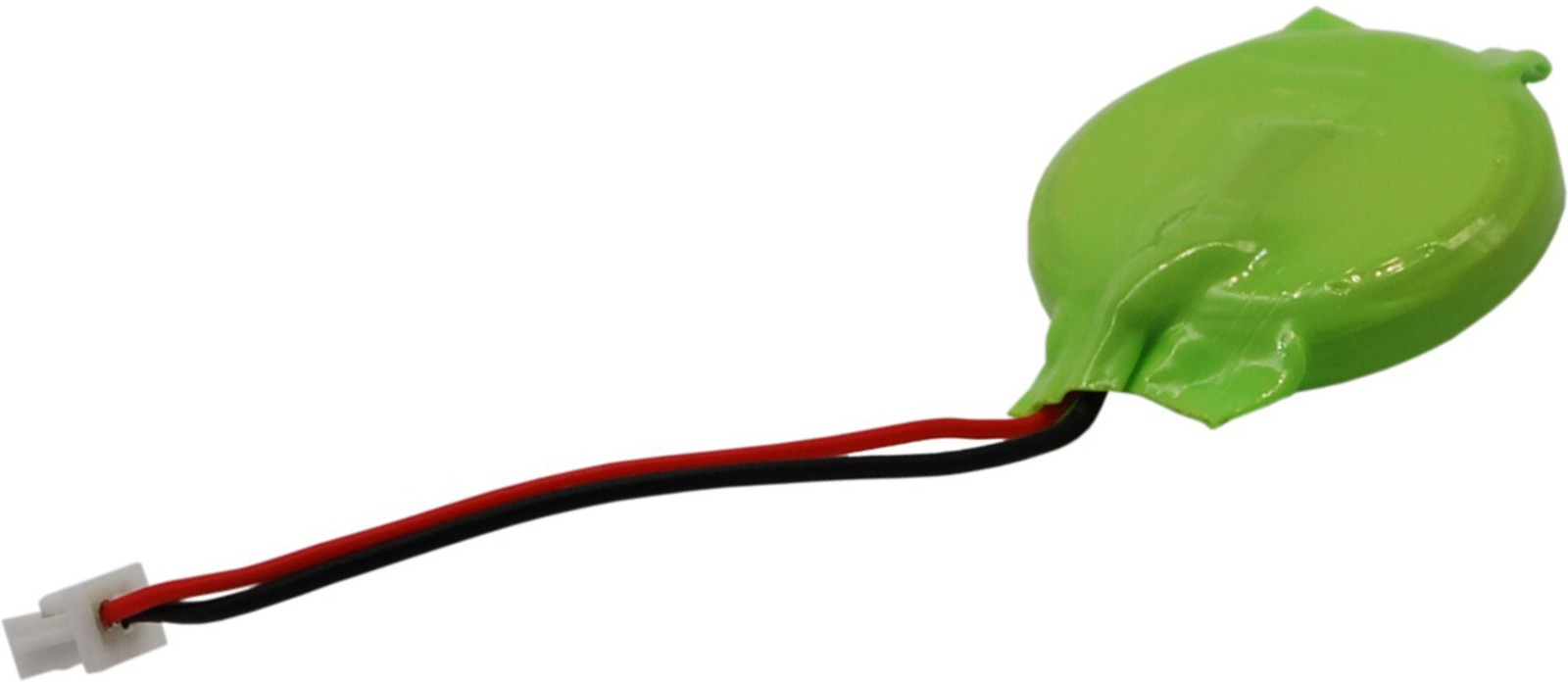 Green cylindrical CMOS/backup battery with a thin black and red wire, designed for Dell laptops, featuring a connector at the end for easy installation.