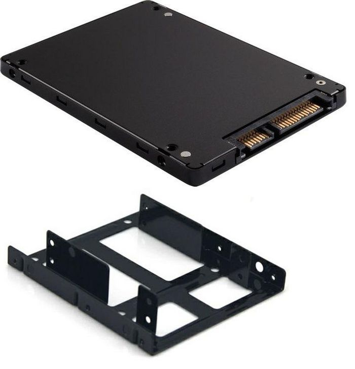Black 3.5-inch internal solid state drive with a sleek metal casing and gold connectors, accompanied by a black mounting bracket for installation.