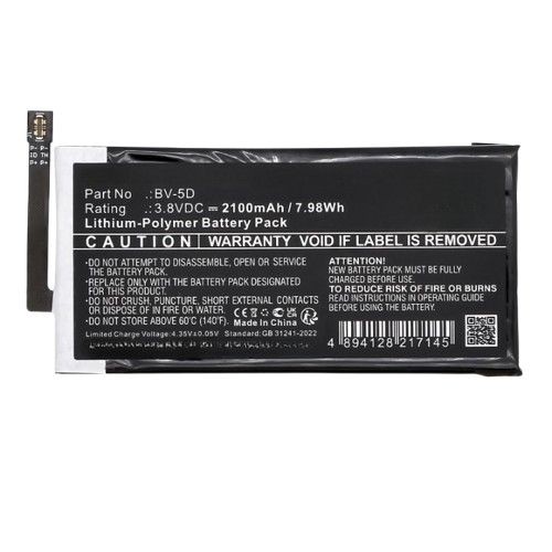 CoreParts Ery for Noki V-5D battery pack, featuring a black rectangular design with printed specifications, including a 3.8VDC rating and 2100mAh capacity.