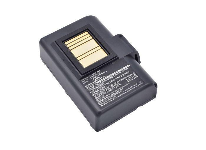 Black rectangular printer cartridge with a gold contact area, featuring printed technical specifications and a clip for secure attachment.