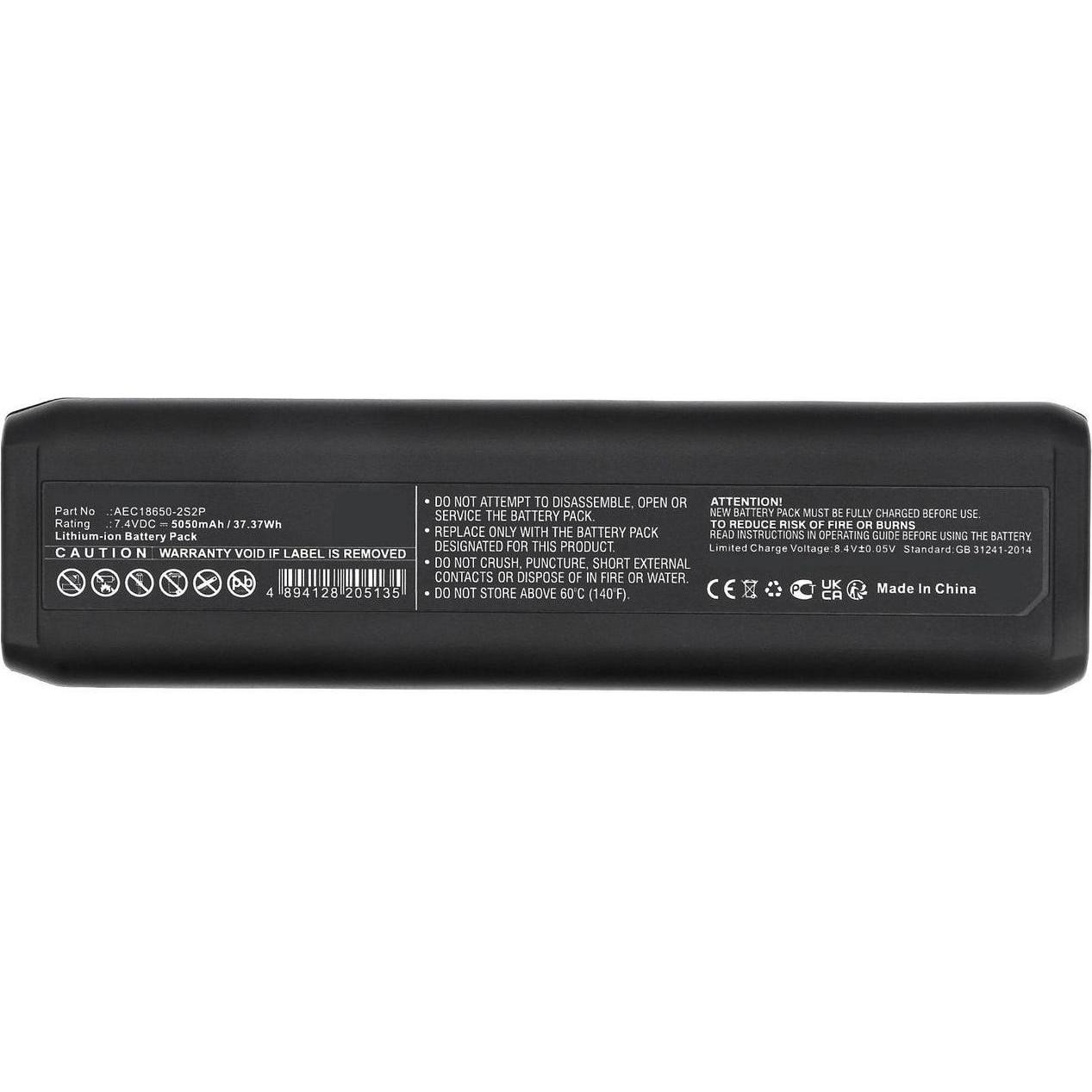 Black rectangular lithium-ion battery with a 7.4V label, featuring safety warnings and specifications printed in white on the surface.