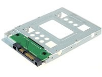 Silver metal computer case part with a green circuit board and black connector, featuring multiple holes and cutouts for ventilation and mounting.