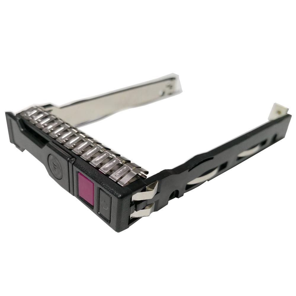 Black computer case part with a metallic silver connector and a pink button, featuring a series of metal pins for secure attachment.
