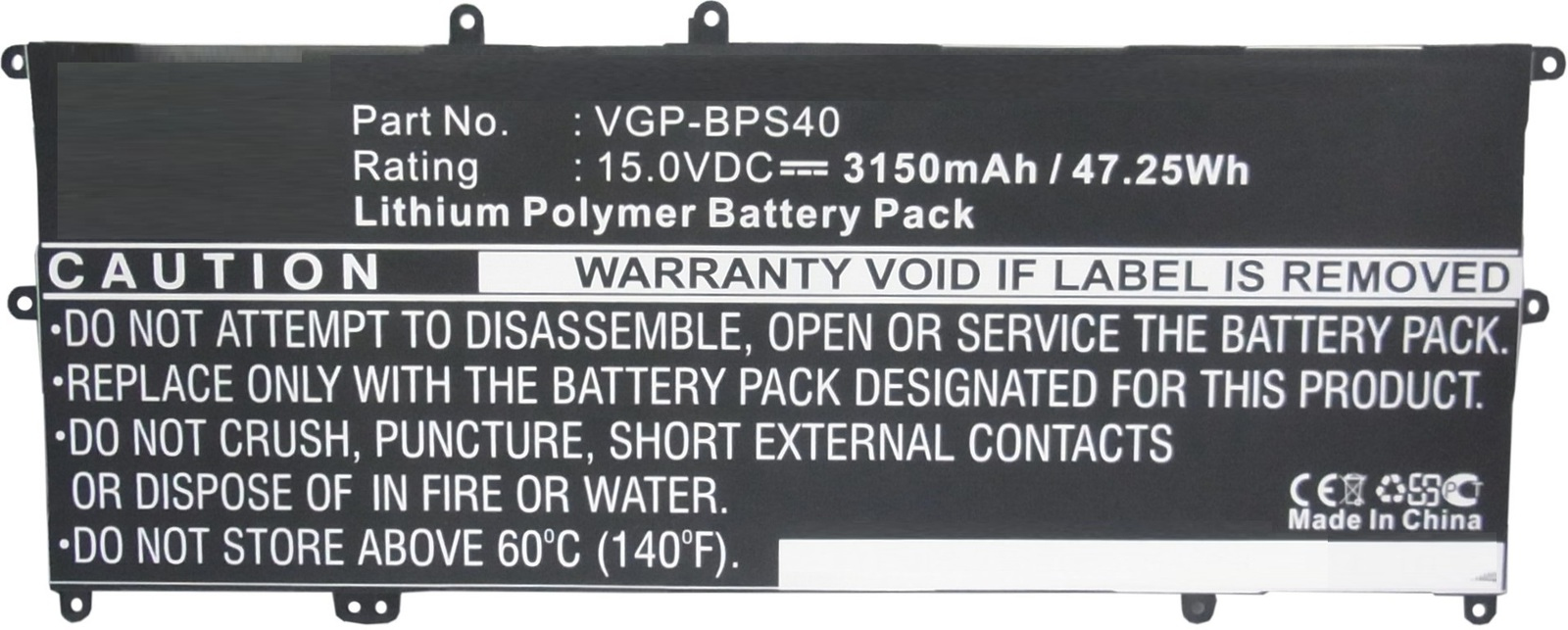 Black lithium polymer battery pack with white text detailing specifications, warnings, and part number VGP-BPS40, designed for Sony laptops.