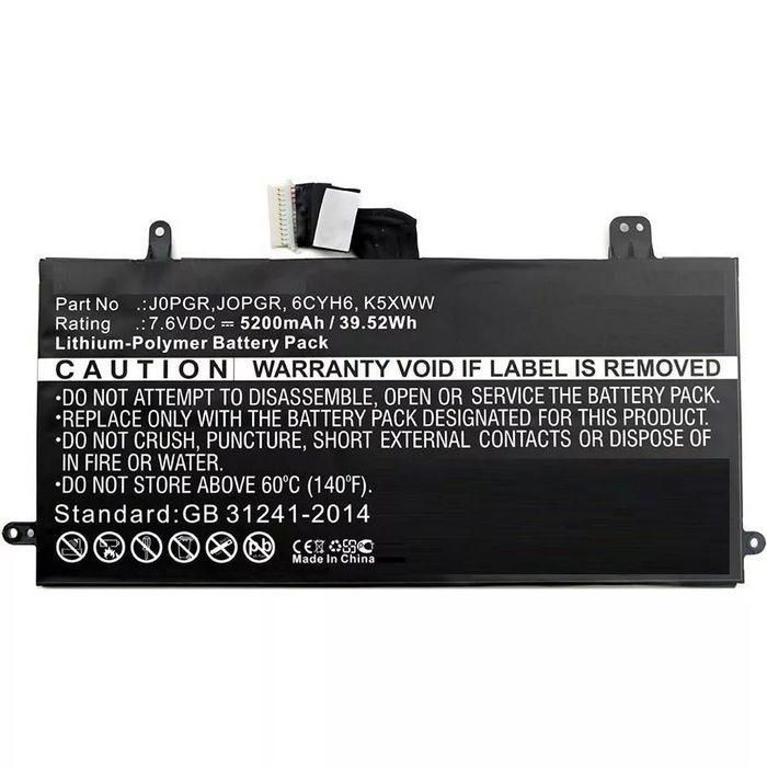 Black lithium-polymer battery pack labeled "CoreParts Lpop Ery for Dell 32Wh," featuring caution warnings, part number, and specifications, with a connector on one end.