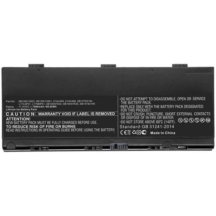 Black laptop battery with multiple connection points, labeled with product information and safety warnings, designed for Lenovo devices.