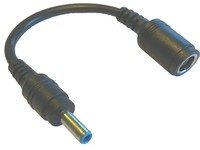 Black cable with a male cylindrical connector on one end and a female connector on the other, designed for laptop power connections, featuring a flexible, durable design.