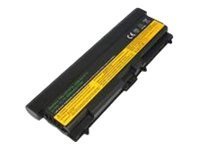 Black laptop battery with a rectangular shape, featuring yellow warning labels and various certification markings on its surface.