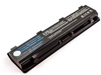 Black laptop battery with a sleek design, featuring a connector at one end and printed specifications on the surface, designed for CoreParts MBI2336 models.