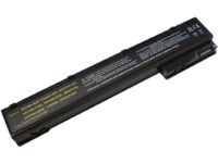 Black laptop battery with a rectangular shape, featuring a connector on one end and printed specifications on the surface, designed as a spare part for laptops.