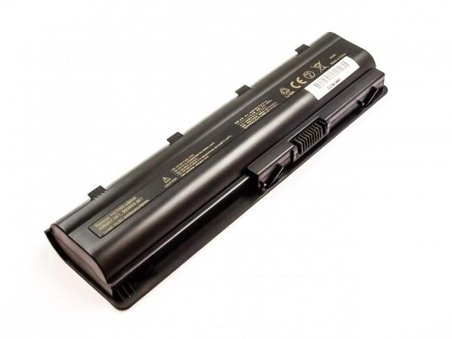 Black laptop battery with a sleek design, featuring multiple connectors, labels with safety certifications, and a textured surface for grip.