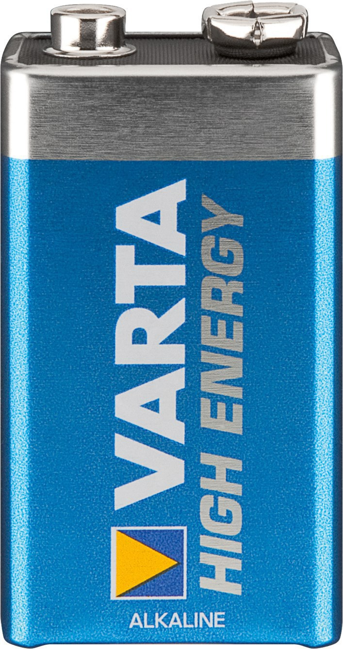 Blue alkaline battery with a silver top, labeled "VARTA HIGH ENERGY," featuring a rectangular shape and standard battery terminals.