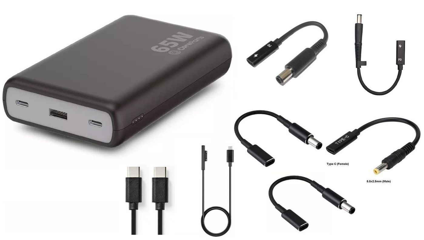 Black CoreParts MBX-PB007 power bank with a sleek design, featuring two USB-C ports, one USB-A port, and included cables for versatile charging options.